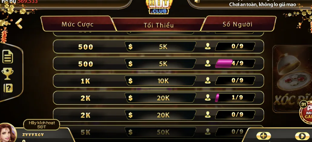 Mức tiền cơ bản tại cổng game Xóc Đĩa - Hitclub
