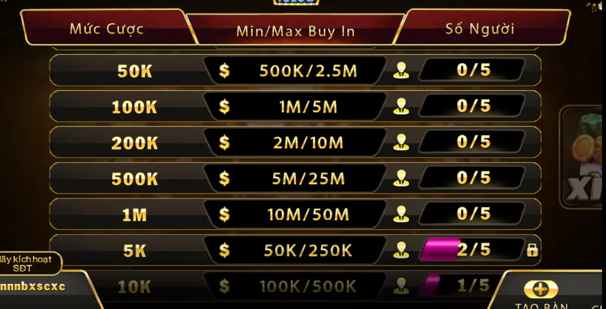 Các mức chơi lớn tại Hit club - Xì Tố